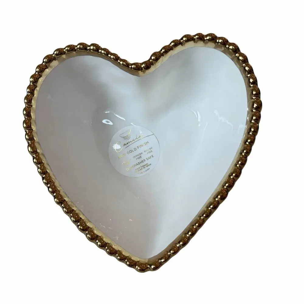 White Heart Shaped Serving Bowl 6in Ceramic w/ Gold Beaded Rim NEW